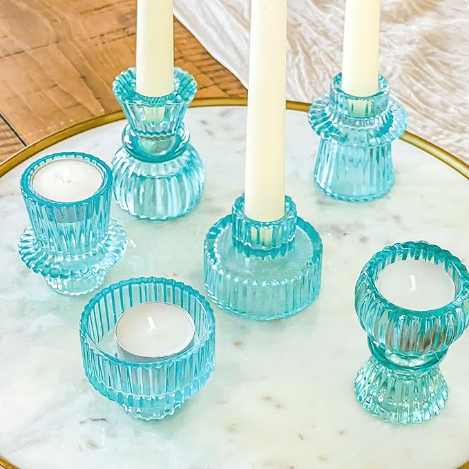 Kate Aspen Vintage Ribbed Glass Black Candlestick Holders, Pillar Candle, Tealight & Votive Candle Holders (Set of 6, 3 Assorted Sizes), Dining Table Decor, Shelf Decor, Centerpiece