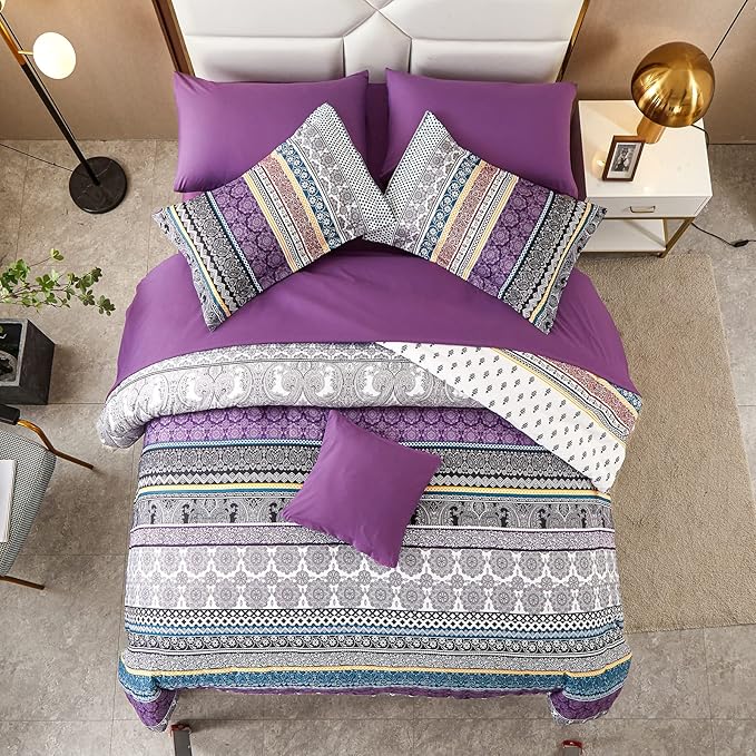 Cottolester Boho Comforter Set King Size 8 Piece Bed in a Bag Bohemian Striped Bedding Quilt Set Purple Paisley Floral Comforter and Sheet Set,Soft Microfiber Complete Bedding Sets for All Season