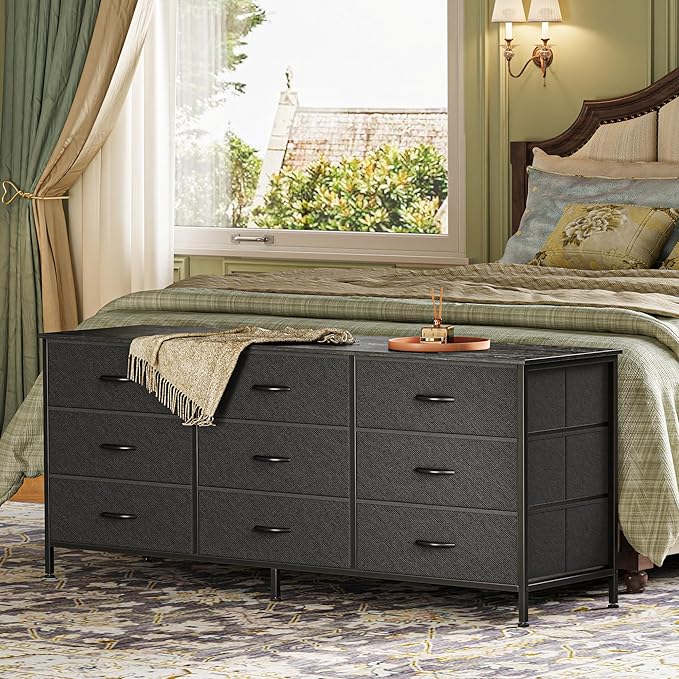 Huuger 9 Drawer Dresser, 55 Inch Dresser TV Stand for 55, 60 Inch TV, Entertainment Center with Drawers, for Bedroom, Closet, Black