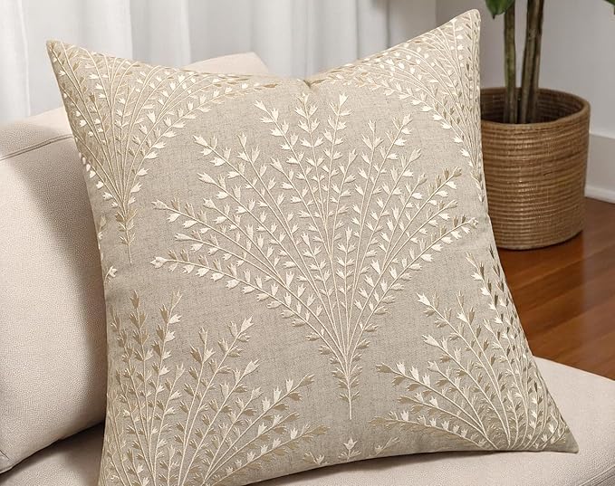 Rohan Leaves Embroiderd Decorative Square Accent Throw Pillow Cover - Sofa, Chair, Couch, Bedroom, Living Room, Farmhouse Home Decor - 20x20 Inches, Natural