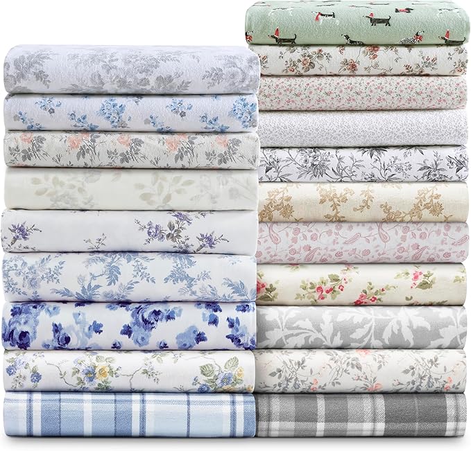 Laura Ashley - Flannel Sheets King Size, Anti-Pilling & Wrinkle Resistant Cotton, Touchably Soft for All-Season Comfort - Bed Sheets with Matching Pillowcases & Fitted Sheet (Le Fleur Orange)
