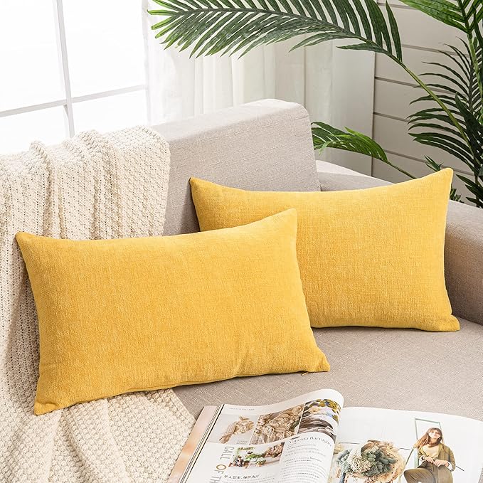 GAWAMAY Lumbar Pillow Cover Decorative Throw Pillow Covers 12"x20" Inch Set of 2, Super Soft Chenille Pillowcase for Living Room Bedroom Sofa Couch Cushion Cover Mustard Yellow 30x50cm (ONLY Covers)