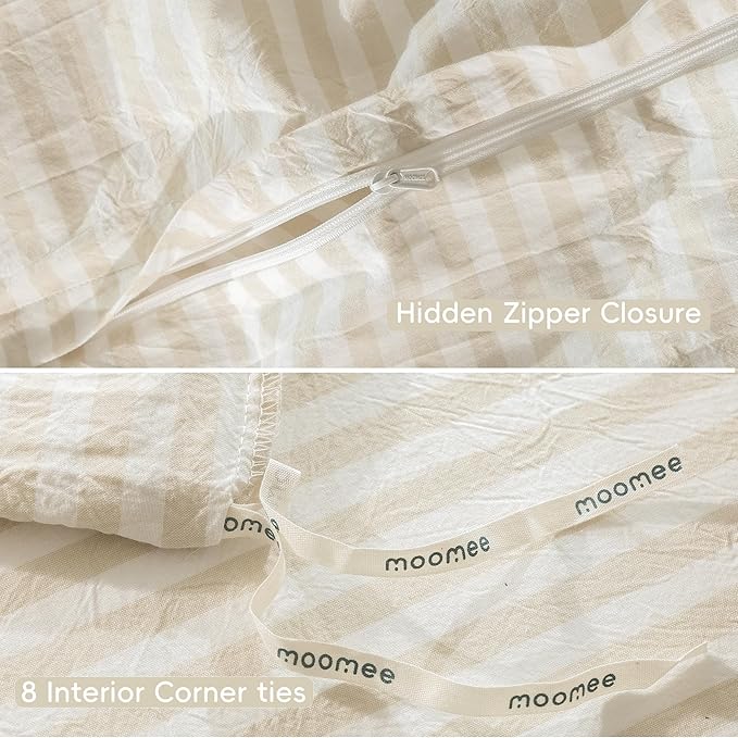 MooMee Striped Duvet Cover Set 100% Washed Cotton Linen Like Textured Breathable Durable Soft Comfy (Almond Milk Grey Classic Stripes, Oversized Full 82"x86")