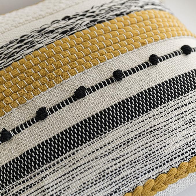 BlissBlush Fall Yellow Mustard Decorative Throw Pillow Cover 20x20 Square Boho Accent Pillowcase Tassels Farmhouse Cushion for Couch Sofa Bedroom Living Room Home Décor Cover ONLY