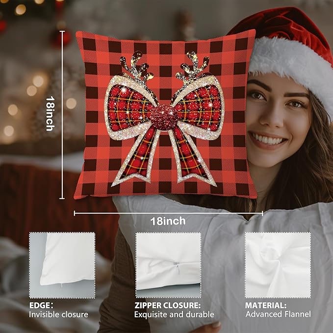 & Coquette Christmas Plaid Pillow Covers, 18x18 - Red Buffalo Plaid Decor for Living Room & Bedroom