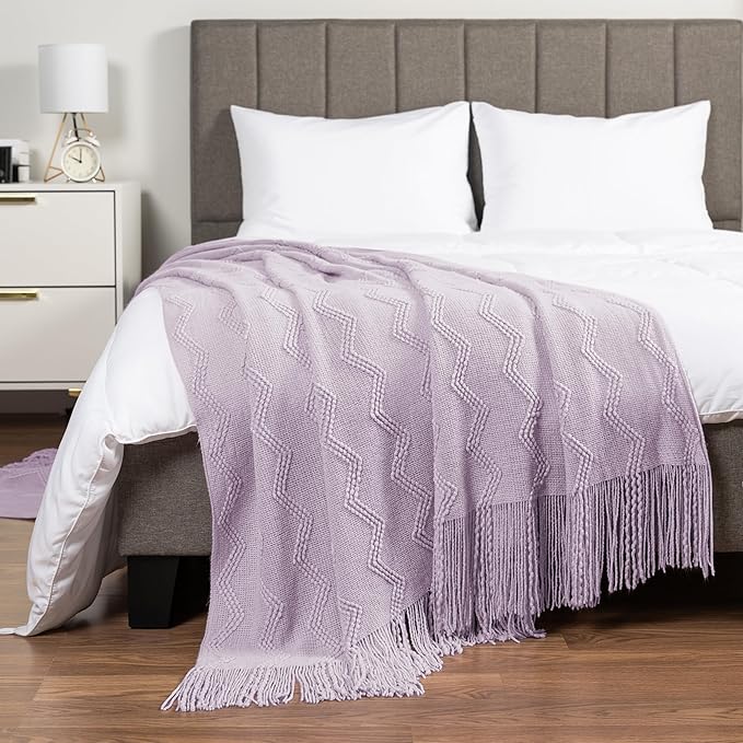 PAVILIA Lavender Purple Knit Throw Blanket for Couch Bed, Soft Knitted Farmhouse Sofa Throw for Living Room, Lightweight Decorative Summer Throw Blanket for Chair, Outdoor Textured Boho Blanket, 50x60