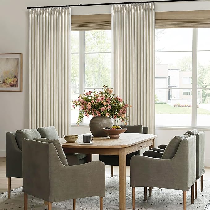 Extra Wide Pinch Pleat Curtains 84 Inches Long for Patio Sliding Glass Door Beige Oatmeal Linen 70 Inch Wide Curtain Memory Trained Pleated Drapes Hooks Rings 70x84 Curtain for Large Window 1 Panel