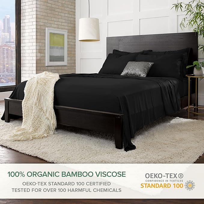 California King Sheets by Pure Bamboo, Genuine 100% Organic Viscose Derived from Bamboo Bed Sheet Set, Soft & Cooling, Double Stitching, Lifetime Quality Promise (California King, Black)