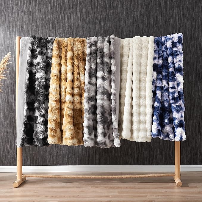 Amélie Home Faux Fur Throw Blanket, Ultra Soft Fuzzy Plush Bubble Blanket for Couch, Bed & Living Room, 60"x80", Tie-dye Grey