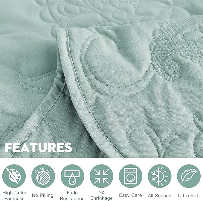HZ & HY Oversized King Bedspread, Quilted Coverlet Bedding Set, Lightweight Thin Comforter, Reversible, Luxurious, 5 Piece, 100% Microfiber, Aqua Sky