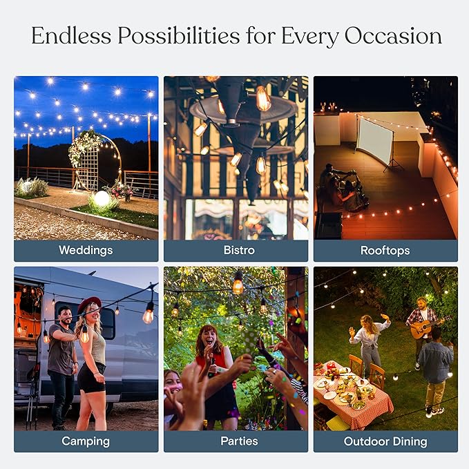 Brightech Ambience Pro Waterproof LED Outdoor String Lights, 48 Ft, Hanging, Dimmable Vintage Edison Bulbs, 15 Bulbs, 2W