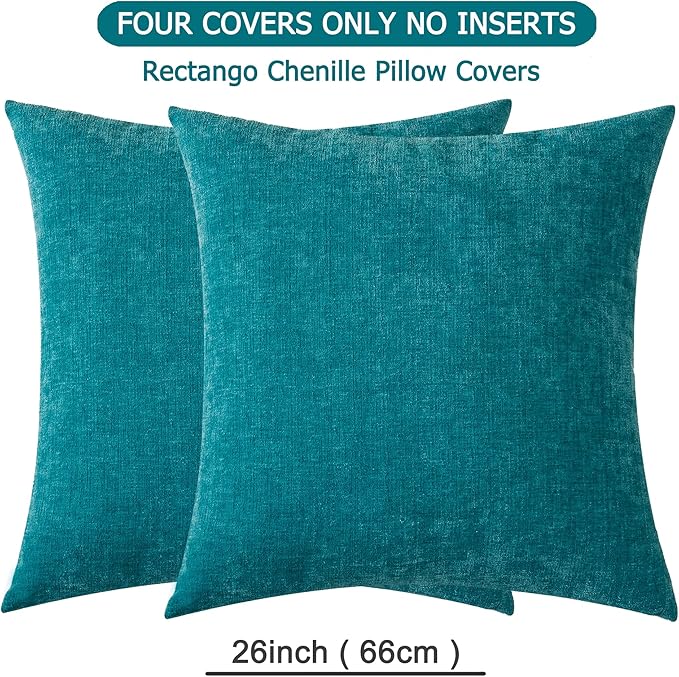 GAWAMAY Decorative Chenille Throw Pillow Covers 26x26 Inch Pack of 2, Soft Square Couch Pillow Cover for Sofa Cushion Living Room Bedroom Solid Dyed Oversized Pillowcases Teal 66x66cm (ONLY Covers)