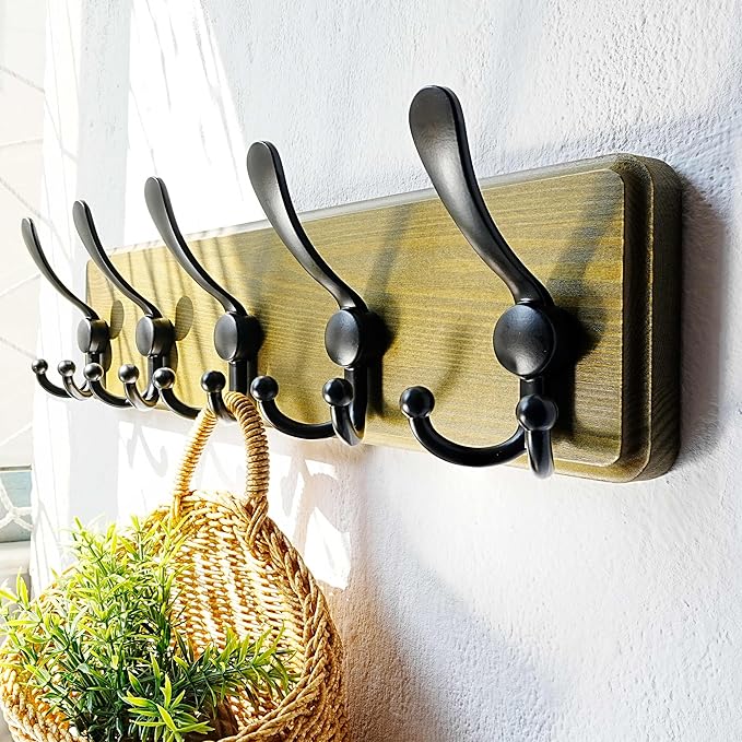 Dseap Wall Mount Coat Hanger - Heavy-Duty Robust Barnwood-Style Wooden Hook Rail with 5 Triple Hooks for Winter Coats, Hats, Jackets, Weathered Green & Black