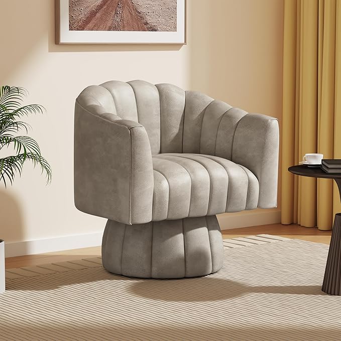 Modern 360 Degree Leather Swivel Cuddle Barrel Accent Sofa Chairs, Round Armchairs with Wide Upholstered, Leather Reading Chair for Living Room, Bedroom, Office, Waiting Rooms, (Dark Almond)
