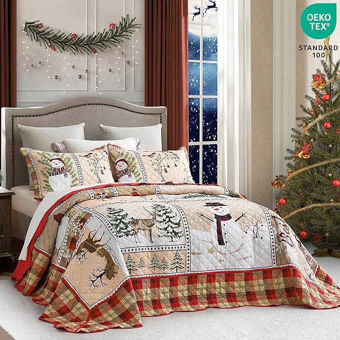 HZ & HY Christmas Oversized Bedspread King Size, Snowman Pattern Bedding Quilt, Rustic Lodge Plaid Patchwork Coverlet Set, Lightweight & Soft Microfiber, 3 Piece