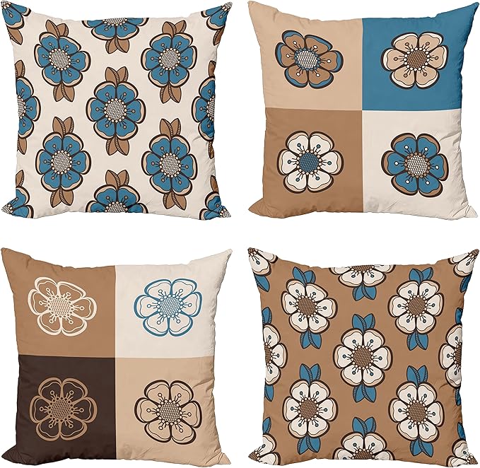 Ambesonne Retro Throw Pillow Cushion Case Pack of 4, Nostalgic Flower Petals Spring Vibes on Earthy Colors Mosaic Tile Themed, Modern Accent Double-Sided Digital Printing, 20", Sea Blue Umber and Tan