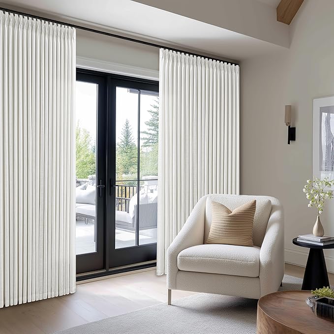 Extra Wide Linen Curtains 102 Inches Long 100 Inch Wide for Living Room Bedroom Light Filtering Beige Off White Pinch Pleated Curtains Hooks Rings Back Tab for Sliding Glass Door 1 Panel 100x102
