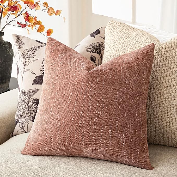 Foindtower Pack of 2 Textured Chenille Throw Decorative Pillow Covers Square Accent Solid Cushion Cover Neutral Farmhouse Pillow Case for Couch Sofa Bedroom Living Room 20x20 Inch,Dusty Pink