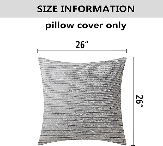 Home Brilliant Striped Soft Velvet Corduroy European Throw Pillow Sham for Sofa Euro Sham Cover for Bed Pillow Cover 26x26 Couch Bench, 26 inch (66x66cm), Light Grey
