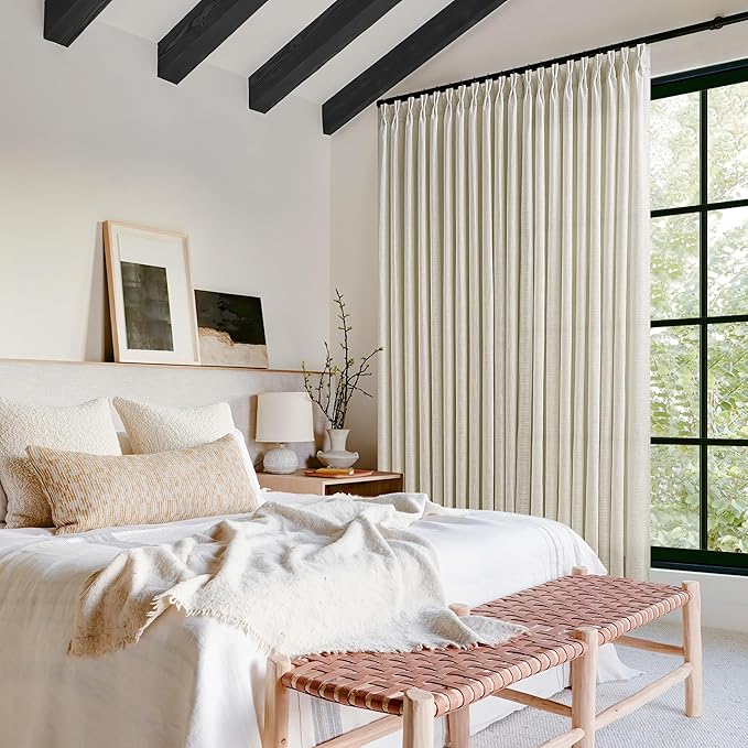 Extra Wide Pinch Pleated Linen Curtains 84 Inches Long for Patio Sliding Glass Door 100 Inch Wide Beige Flax Oatmeal Pleated Drapes with Hooks Rings Semi Sheer 100x84 Curtain for Living Room 1 Panel
