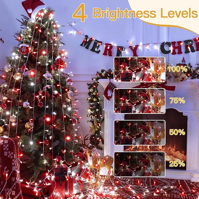 Ollny Red and White Christmas Lights Waterproof, 400LED 131FT String Lights with Remote 3 Timer, Plug in 8 Modes Fairy Light for Xmas Tree Indoor Bedroom House Party Wedding Decorations