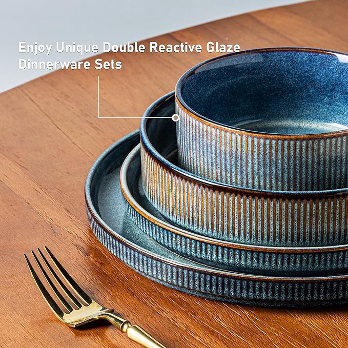 GBHOME Stoneware Dinnerware Sets for 6,Round Reactive Glaze Ceramic Plates and Bowls Set,Highly Scratch Resistant | Dishwasher & Microwave Safe Dishes Set,Service for 6(18Pcs)