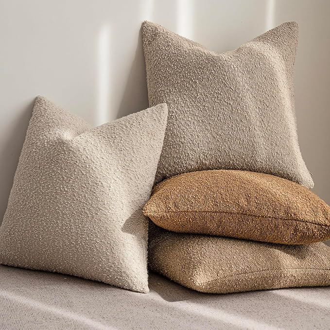 Foindtower Textured Boucle Throw Pillow Covers Accent Solid Pillow Cases Cozy Soft Decorative Couch Cushion Case for Chair Sofa Bedroom Living Room Home Decor, 20 x 20 Inch,Tobacco