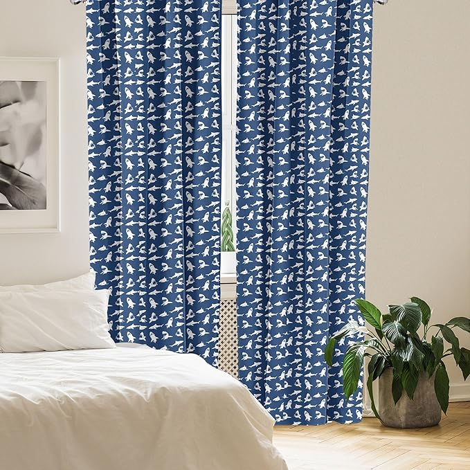 Ambesonne Shark Window Curtains Pack of 2, Fish Pattern Various Gestures Have a Bite Danger Humor Nautical Design, Lightweight Set with Rod Pocket, 4 Panels of - 28" x 95", Violet Blue