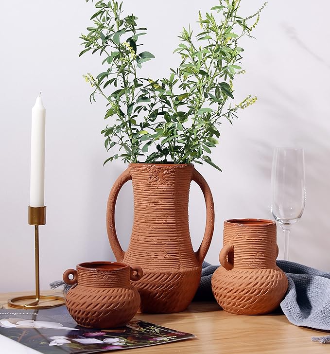 Terracotta Vases Sets, Farmhouse Decor, Ceramic Vase for Flower, Wide Mouth Rustic Home Decor Vases for Flowers, Living Room,Table,Shelf and Accessories (3)