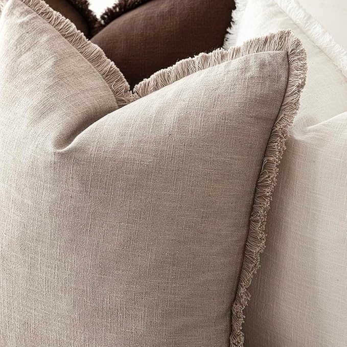 Foindtower Set of 2 Decorative Linen Fringe Lumbar Throw Pillow Covers Farmhouse Cushion Cover with Tassels Accent Pillowcase for Couch Sofa Bed Living Room Home Decor,12×20 Inch,Natural Linen
