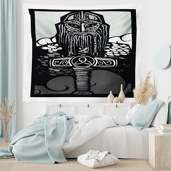 Lunarable Viking Tapestry, Thor Son of Odin Monochrome Design Guardian of Asgard Scandinavian Culture, Wide Wall Hanging for Bedroom Living Room Dorm, 80" X 60", Black White