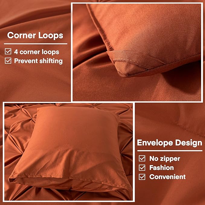 Andency Burnt Orange Pinch Pleat Comforter Full (79x90Inch), 3 Pieces (1 Pintuck Comforter and 2 Pillowcases) Down Alternative Microfiber Bedding Set