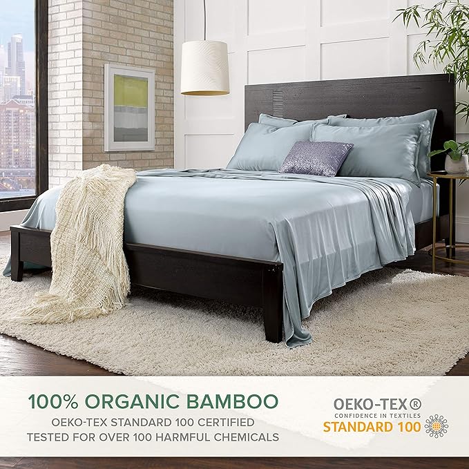 Short Queen Sheets by Pure Bamboo for RV Camper (60"x75") - Genuine 100% Organic Viscose Derived from Bamboo Bed Sheet Set, Soft & Cooling, Lifetime Quality Promise (Short Queen, Sterling Blue)