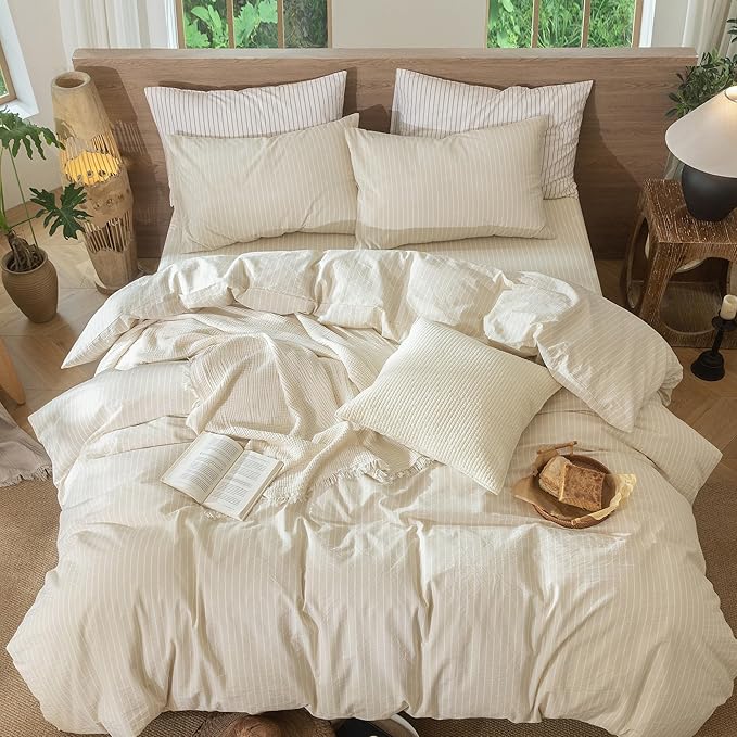 MooMee Striped Duvet Cover Set 100% Washed Cotton Linen Like Textured Breathable Durable Soft Comfy (Almond Milk Grey White Wide Stripes, Queen 90"x90")