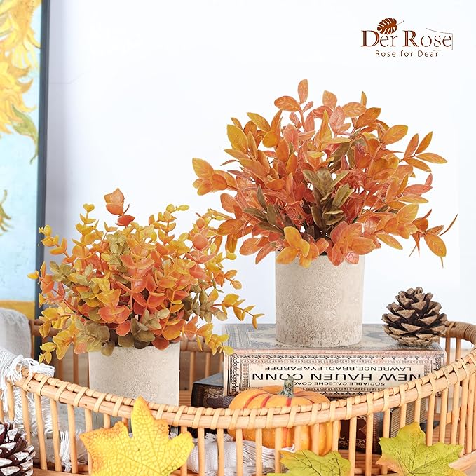 Der Rose 3 Pack Fall Mini Potted Fake Plants Artificial Plastic Eucalyptus Plants Topiaries Fall Decorations for Home Office Desk Farmhouse Room Bathroom Fall Decor