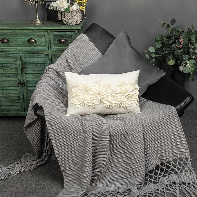 KINGROSE 3D Handmade Flowers Decorative Throw Pillow Cover Solid Velvet Artistic Cushion Covers Home Decor Pillow Case for Sofa Couch Chair 12 x 20 Inches Cream Velvet