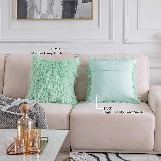 Home Brilliant Mint Throw Pillows for Couch Pillow Covers 20x20 Set of 2 Decorative Mongolian Faux Fur Cushion Cover Winter Decor, 50cm x 50cm
