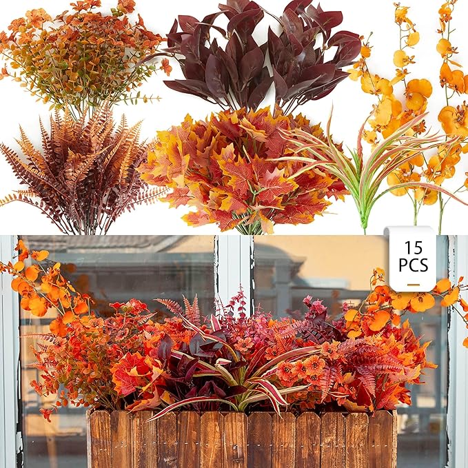 PARTY JOY 15 Bunches Artificial Fall Flowers Faux Fake Orchid Autumn Plants Flowers for Outdoors Thanksgiving Autumn Decor Decorations for Home