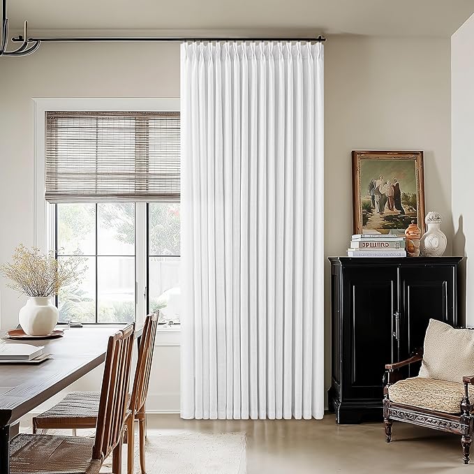Snow White Linen Curtains Pinch Pleated 84 Inches Long for Living Room Bedroom Pleat with Hooks Rings Back Tab Semi Sheer Curtains 84 Inch Length Light Filtering Luxury Farmhouse Drape 1 Panel