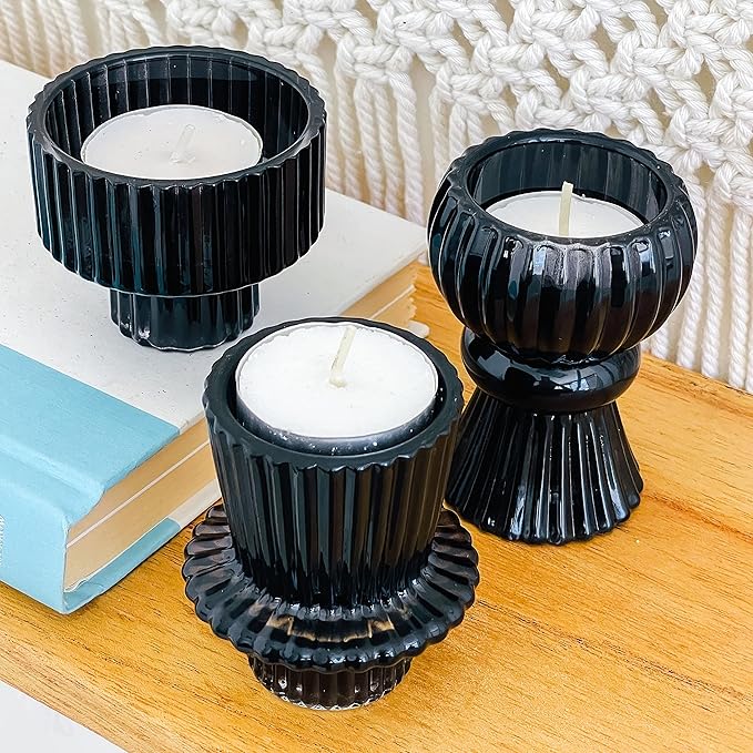 Kate Aspen Vintage Ribbed Glass Black Candlestick Holders, Pillar Candle, Tealight & Votive Candle Holders (Set of 6, 3 Assorted Sizes), Dining Table Decor, Shelf Decor, Centerpiece