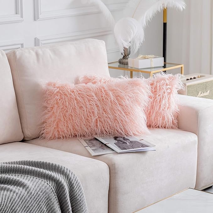 Home Brilliant 12x20 Pillow Cover Rectangular Faux Fur Fuzzy Accent Pillows Case for Couch Decor, 30cmx50cm, 2 pcs, Pink