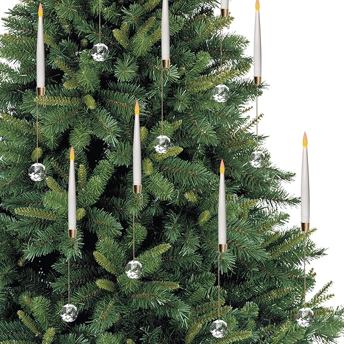 Christmas Tree Candles, 12 Pack Flameless Taper Candles for Christmas Tree Decor, Battery Operated with Remote Flickering LED Candles with Clear Crystal Ball Gold Hook for Xmas Wedding Home Gift