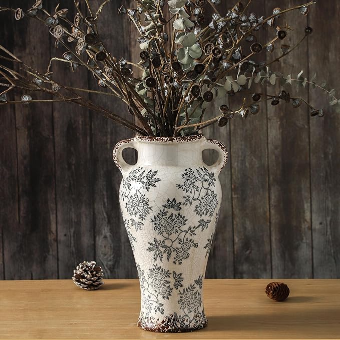 Enra Vintage vase with Handle,12.6 inch Blue and White Ceramic Decorative Flower vase, Chinoiserie Floral Vase,Large Rustic Vases for Home Decors, Living Room, Bookshelf, Office
