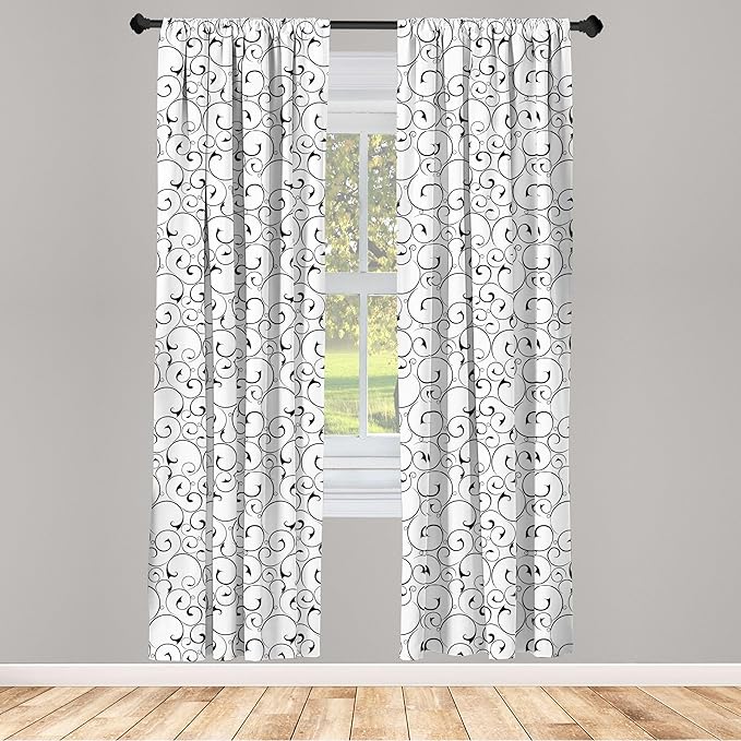 Ambesonne Black and White Window Curtains Pack of 2, Vintage Swirls Pattern with Monochrome Ornamental Old-Fashioned Design, Lightweight Set with Rod Pocket, 4 Panels of - 28" x 95", Black White
