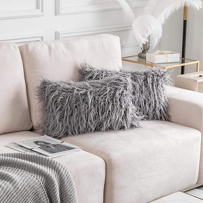 Home Brilliant Dark Grey Throw Pillow Covers Decorative Fur Oblong Throw Pillow Case Rectangle Cushion Cover, 2 Pcs, 12x20 Inches, 30x50cm