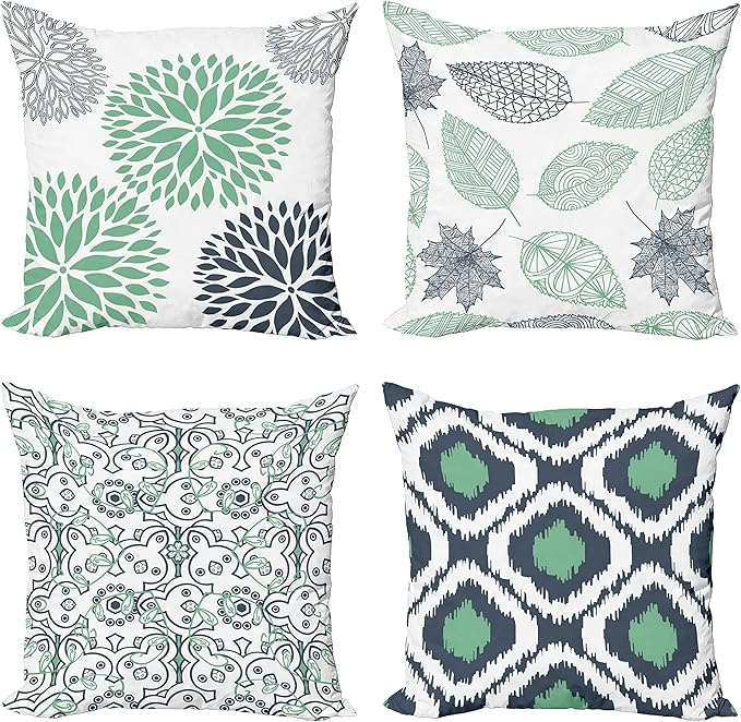 Ambesonne Vintage Throw Pillow Cushion Case Pack of 4, Bohemian Ornamental Leaves Dahlia Pattern Geometric Art Curlicue Motif, Modern Accent Double-Sided Digital Printing, 24", Dark Blue and Sea Green