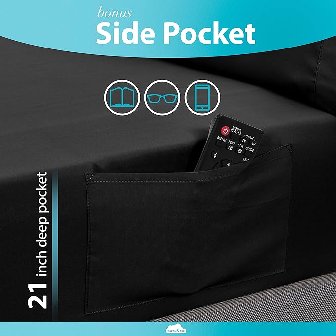 DREAMCARE Twin Sheets - 3pcs Cooling Sheets – up to 21” Extra Deep Pocket Twin Bed Sheets - Twin Sheet Set - Bed Sheets - Soft & Long Lasting 100% Fine Brushed Polyester with Side Pocket - Black