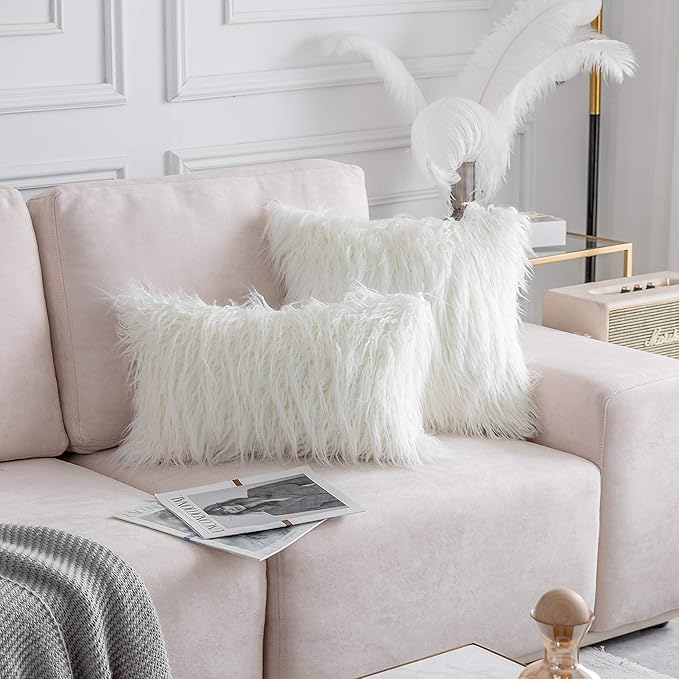Home Brilliant Fur Pillow Covers 18x18 Decorative Throw Pillow Covers Fluffy Throw Pillows for Couch, Set of 2, 18 inch, White