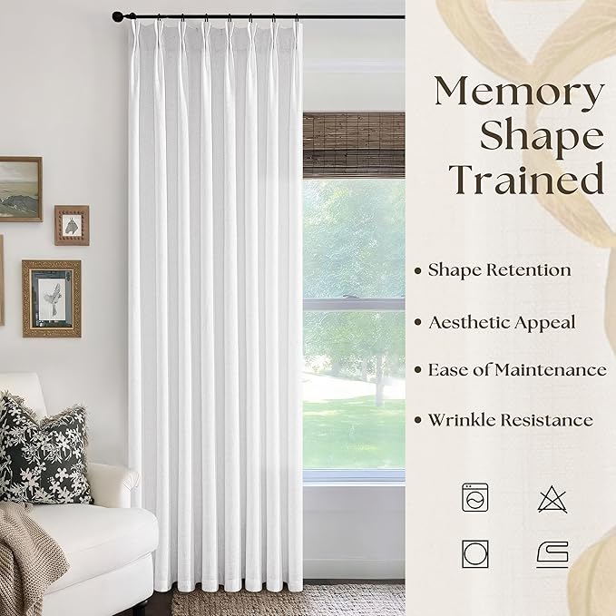Snow White Linen Curtains Pinch Pleated 84 Inches Long for Living Room Bedroom Pleat with Hooks Rings Back Tab Semi Sheer Curtains 84 Inch Length Light Filtering Luxury Farmhouse Drape 1 Panel