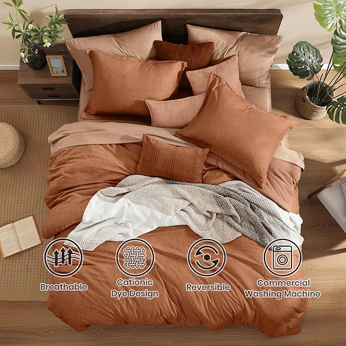 Monbix Oversized Queen Comforter Set - 7 Pieces Cationic Dyeing Autumn Leaf Bed in a Bag Bedding Sets with Comforter, Sheets, Pillowcases & Shams, Reversible Bedding Comforters Sets